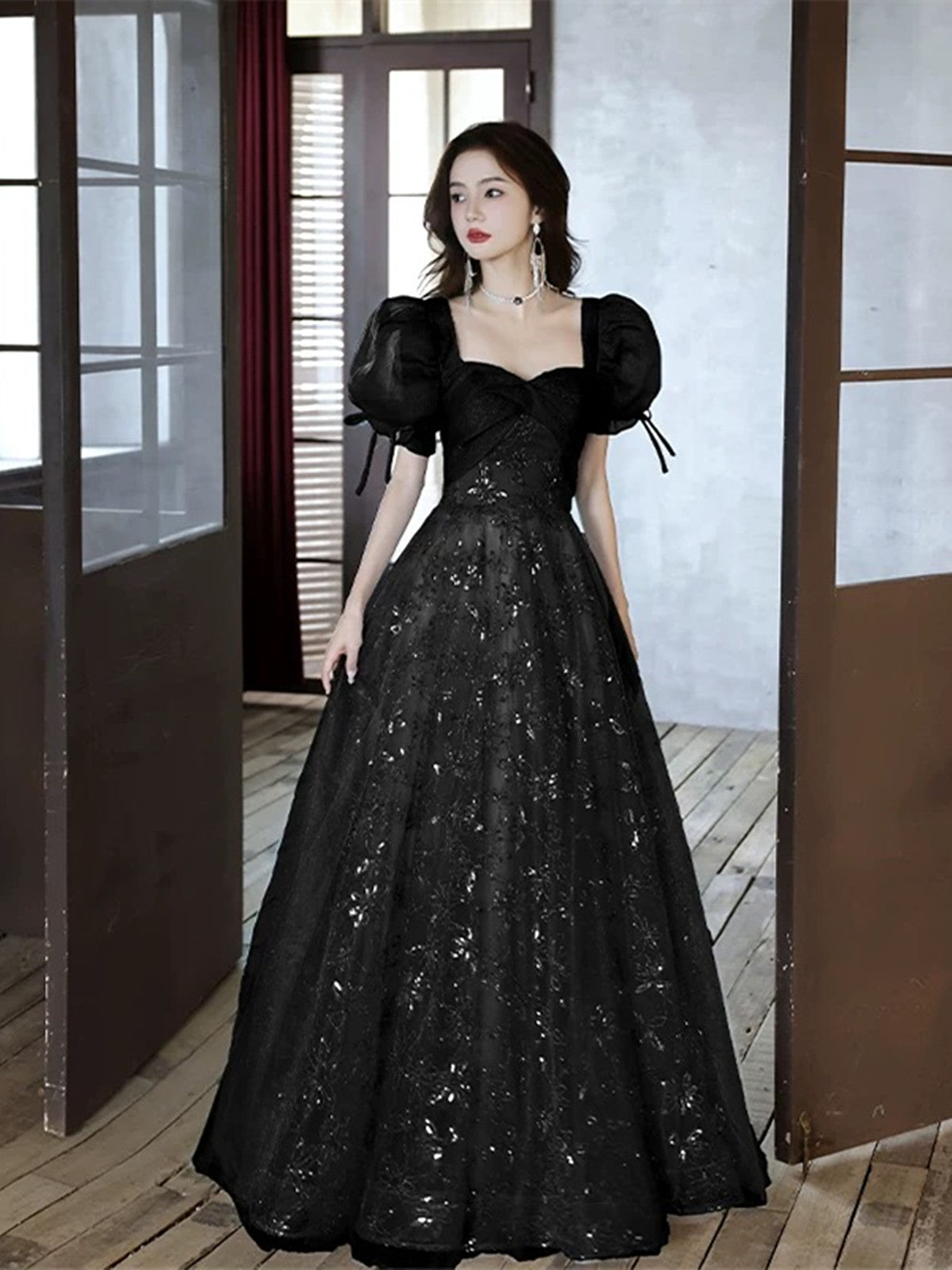 Black A-line Short Sleeves Lace Floor Length Party Dress, Black Sweeth