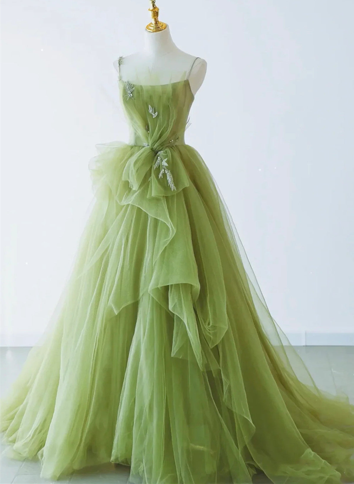 Light Green Tulle Beaded Long Prom Dress, Light Green Evening Dress Cutedressy Light Green Tulle Beaded Long Prom Dress, Light Green Evening Dress Cutedressy