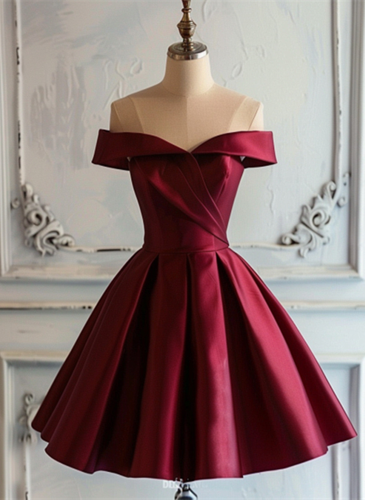 Wine Red Satin Off Shoulder Short Party Dress, Wine Red Homecoming Dre