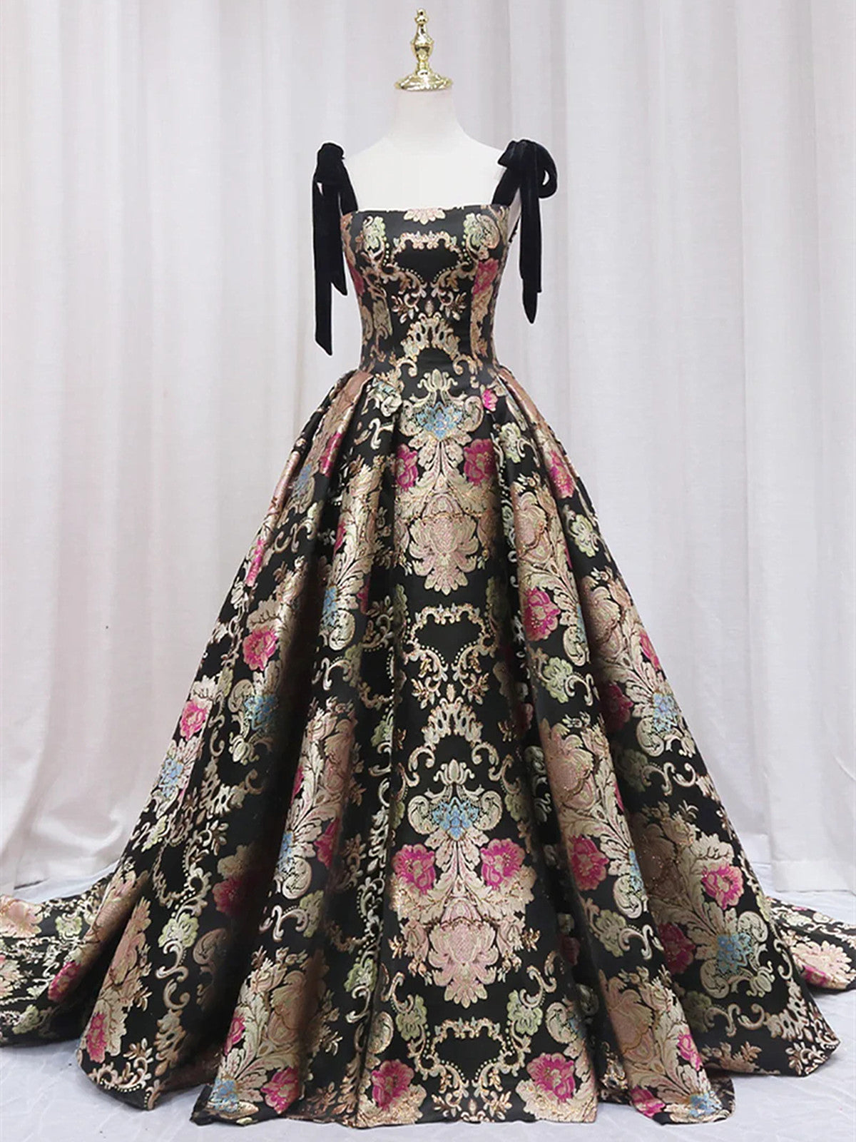 Black Straps Floral Satin Party Dress with Train, Black Satin Prom Dre Cutedressy Black Straps Floral Satin Party Dress with Train, Black Satin Prom Dre Cutedressy