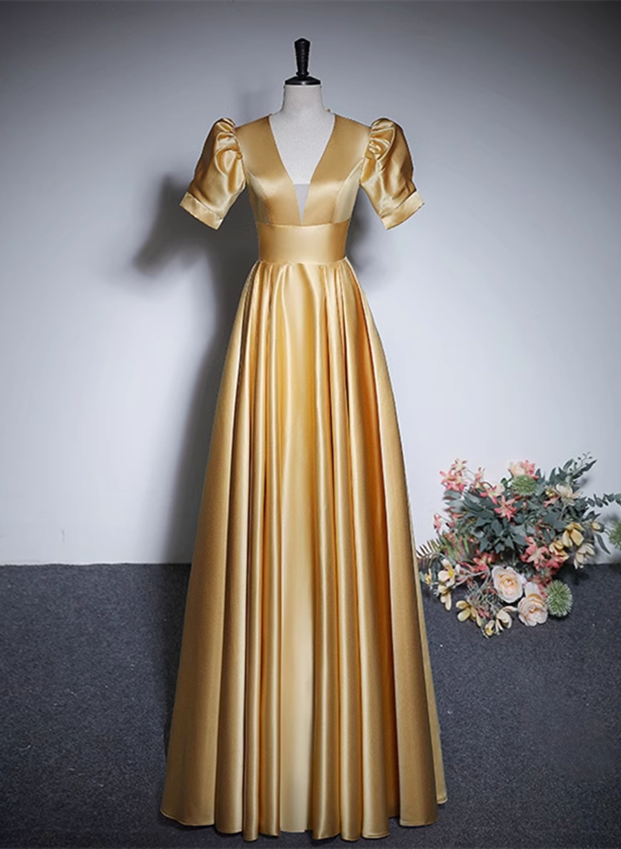 Gold Satin A-line Short Sleeves Floor Length Party Dress, Gold Simple Cutedressy Gold Satin A-line Short Sleeves Floor Length Party Dress, Gold Simple Cutedressy
