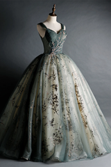 Dusty Green Ball Gown Beaded Tulle Formal Dress, Ball Gown Sweet 16 Dresses Dusty Green Ball Gown Beaded Tulle Formal Dress, Ball Gown Sweet 16 Dresses