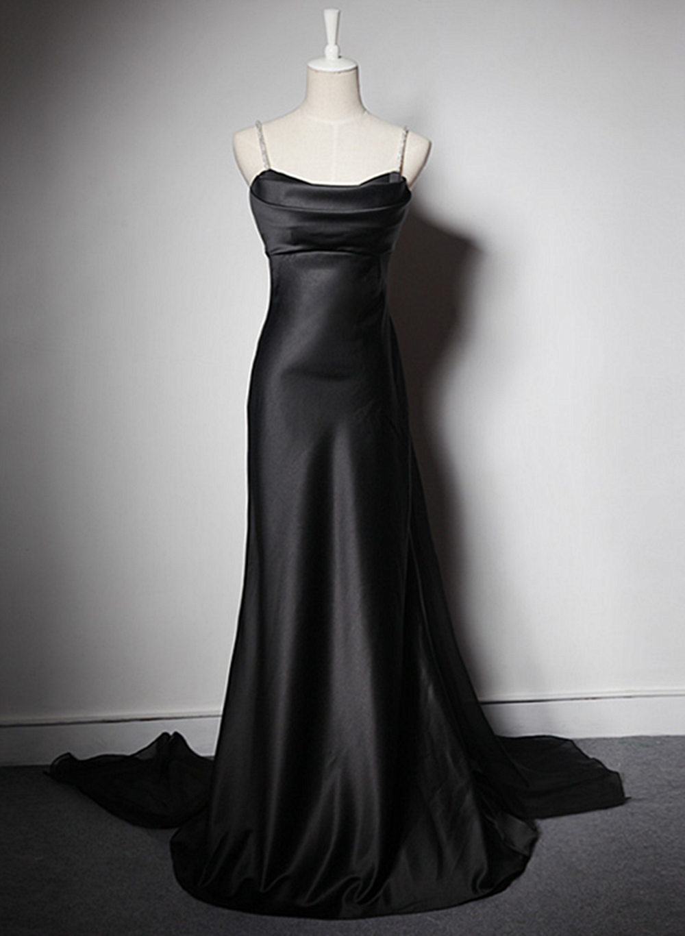 black tight satin dress tight prom dresses with slits Black Satin Sheath Spaghetti Straps Long Prom Dresses With Side Slit, MP859