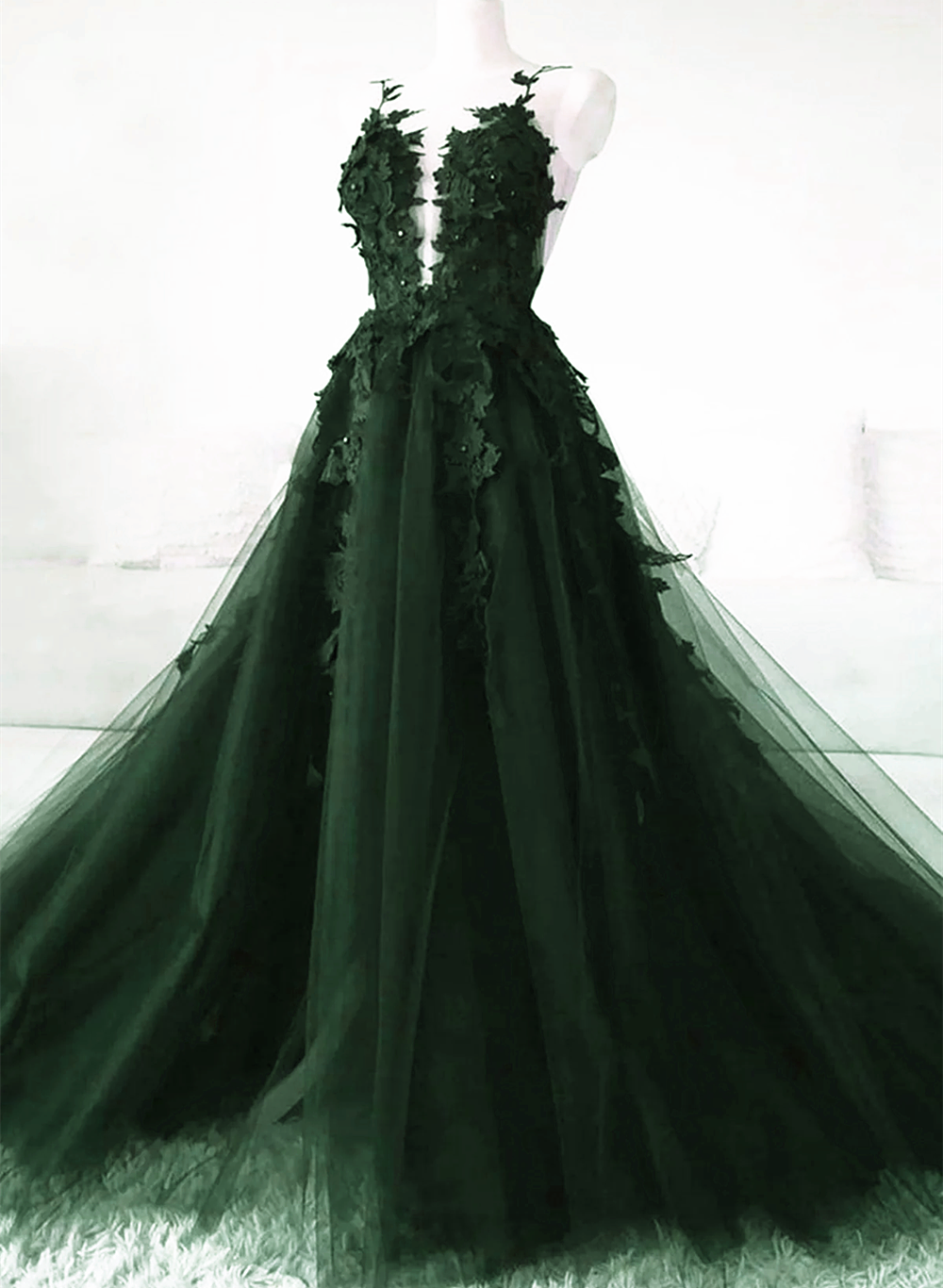 Green A-line Tulle with Lace Low Back Prom Dress, Green Tulle Evening Cutedressy Green A-line Tulle with Lace Low Back Prom Dress, Green Tulle Evening Cutedressy