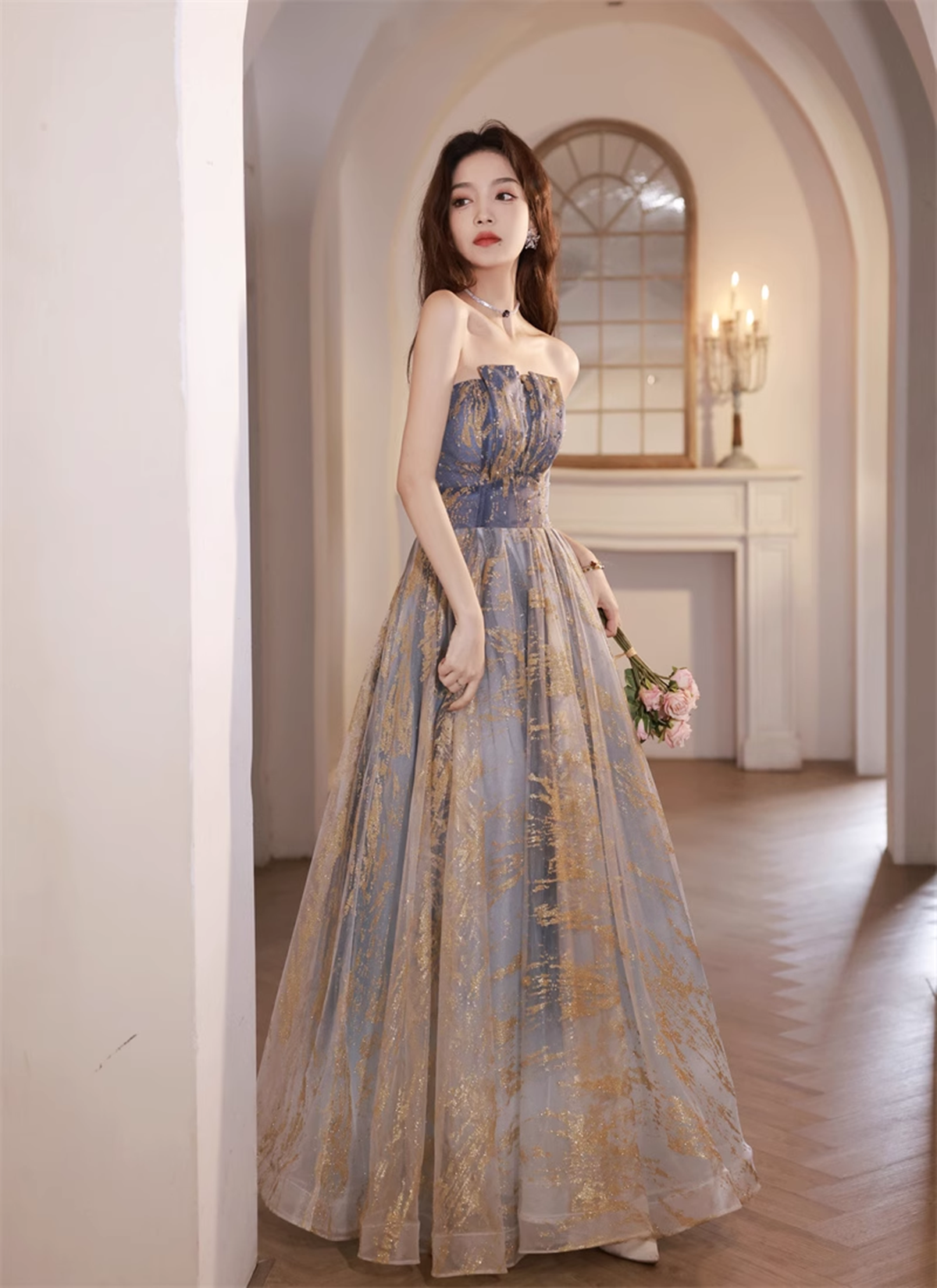 Blue A-Line Tulle Lace Long Prom Dresses, Blue Lace Formal Evening Dresses