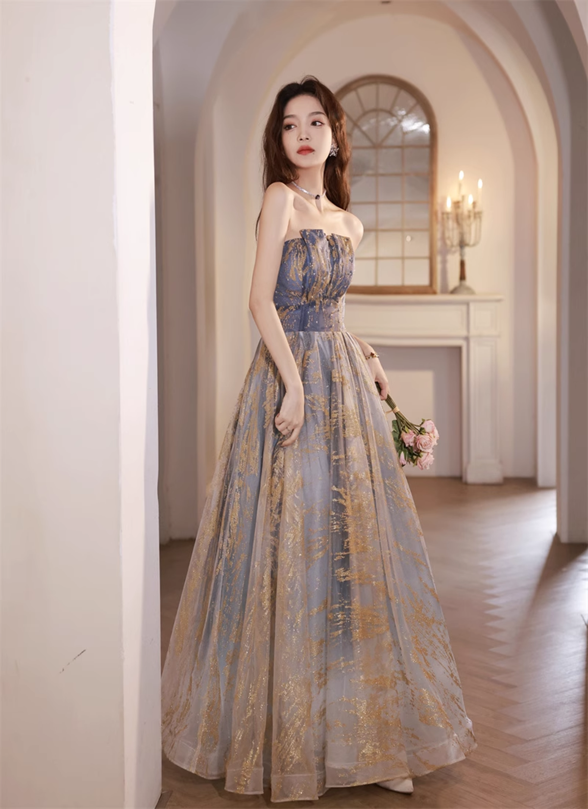 A line Blue Gradient Tulle Lace up Formal Dress Blue Floor Length