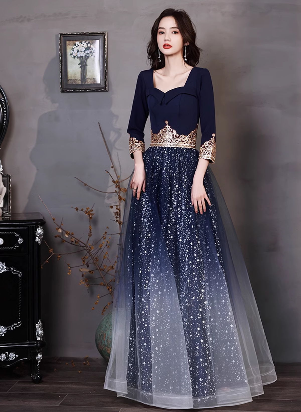 Navy Blue A-line Short Sleeves Floor Length Party Dress, Navy Blue Bri Cutedressy Navy Blue A-line Short Sleeves Floor Length Party Dress, Navy Blue Bri Cutedressy