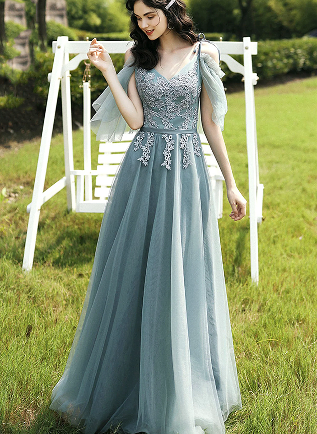 A-line Tulle with Lace Off Shoulder V-neckline Prom Dress, Green Forma Cutedressy A-line Tulle with Lace Off Shoulder V-neckline Prom Dress, Green Forma Cutedressy