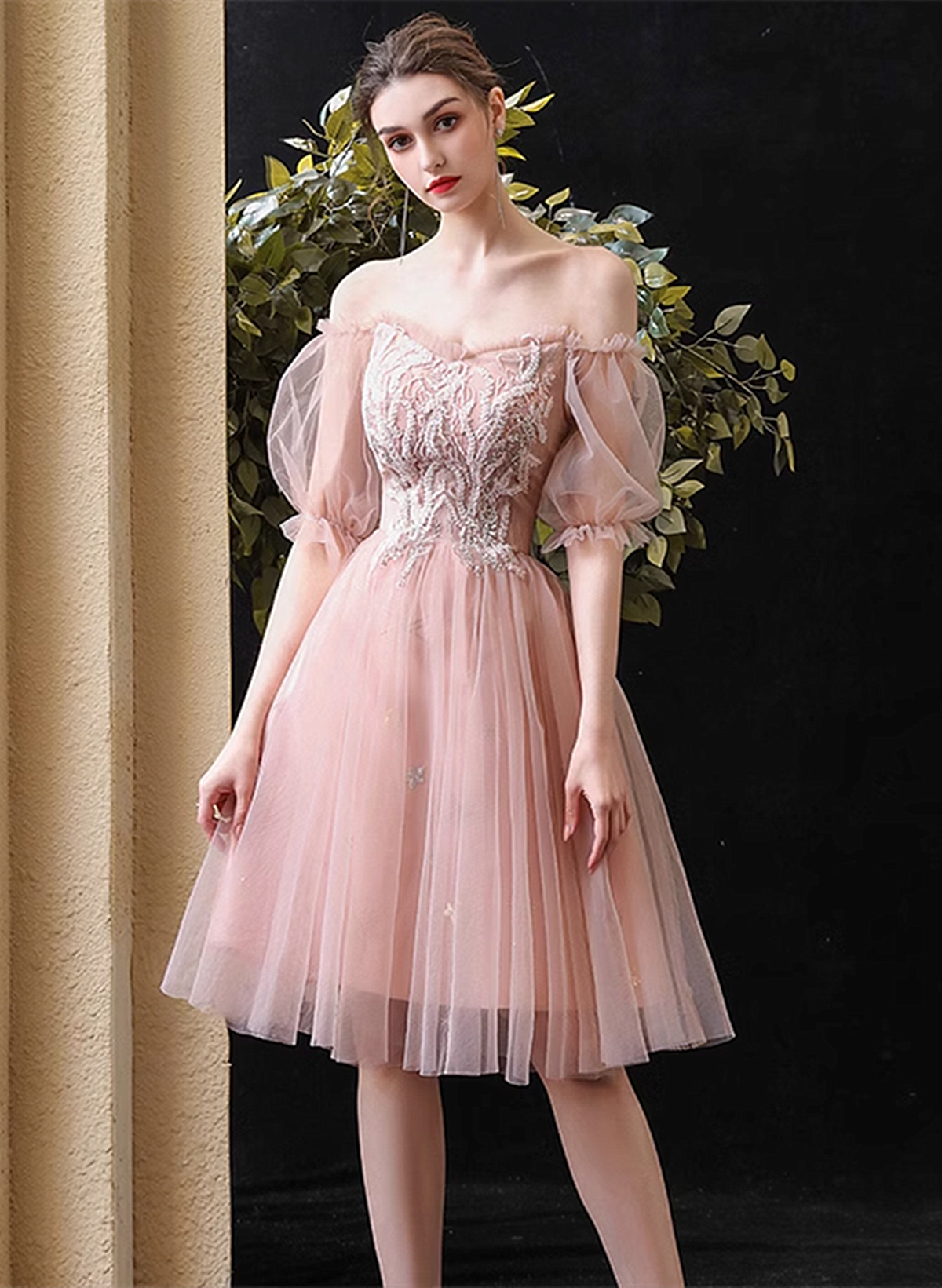 Pink Sweetheart Off Shoulder Knee Length Party Dress, Pink Tulle Homec Pink Sweetheart Off Shoulder Knee Length Party Dress, Pink Tulle Homec