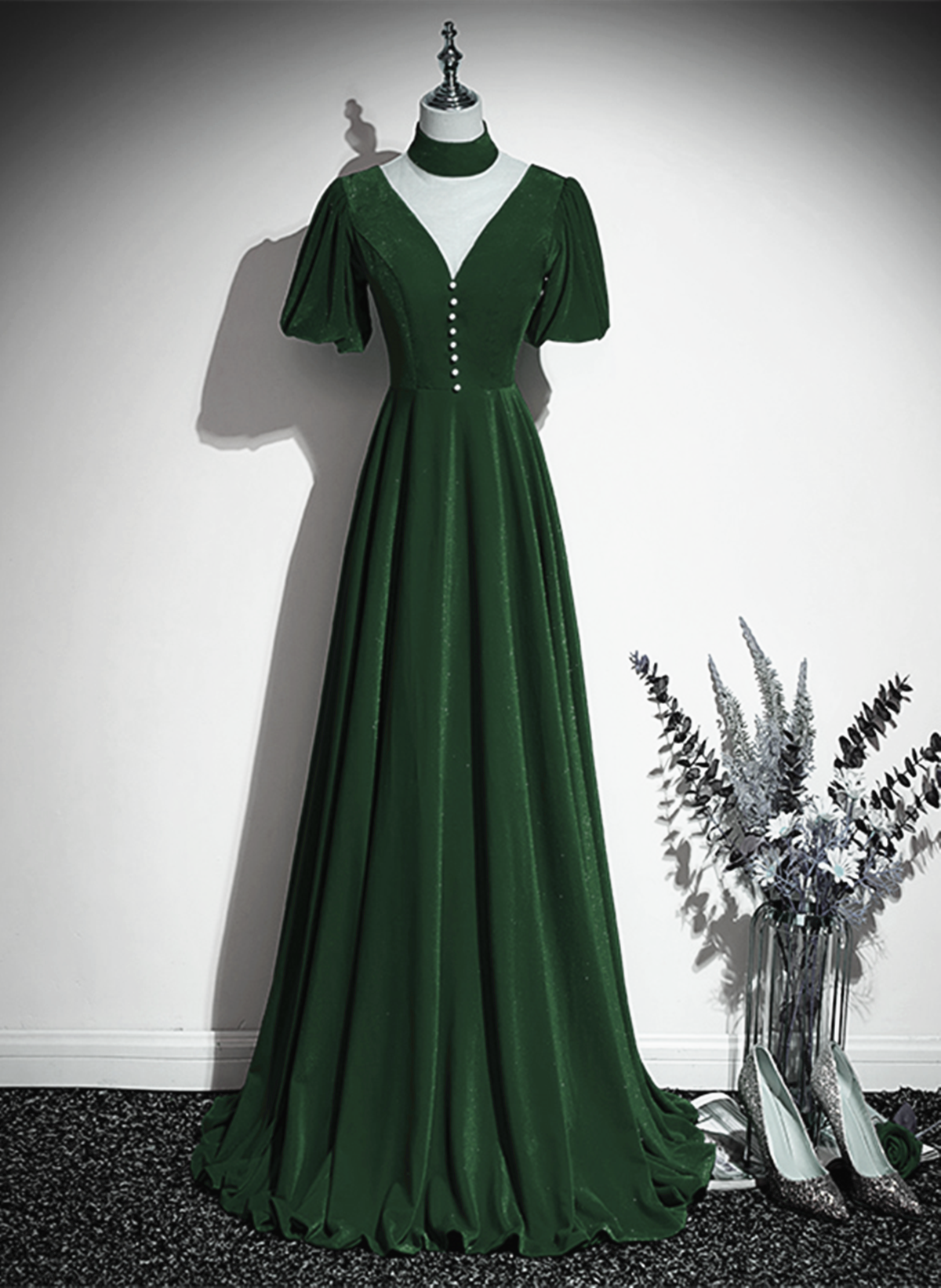 Green Velvet A-line Short Sleeves Long Party Dress, Green Long Prom Dr Cutedressy Green Velvet A-line Short Sleeves Long Party Dress, Green Long Prom Dr Cutedressy