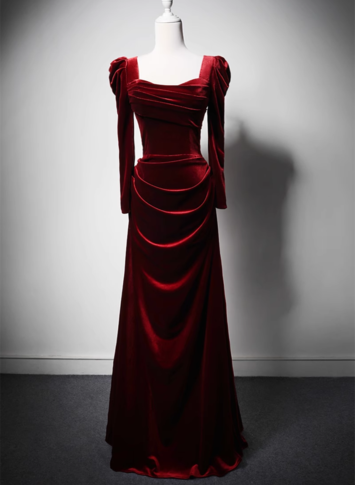 Wine Red Long Sleeves Velvet Long Party Dress, Wine Red A-line Prom Dr Cutedressy Wine Red Long Sleeves Velvet Long Party Dress, Wine Red A-line Prom Dr Cutedressy