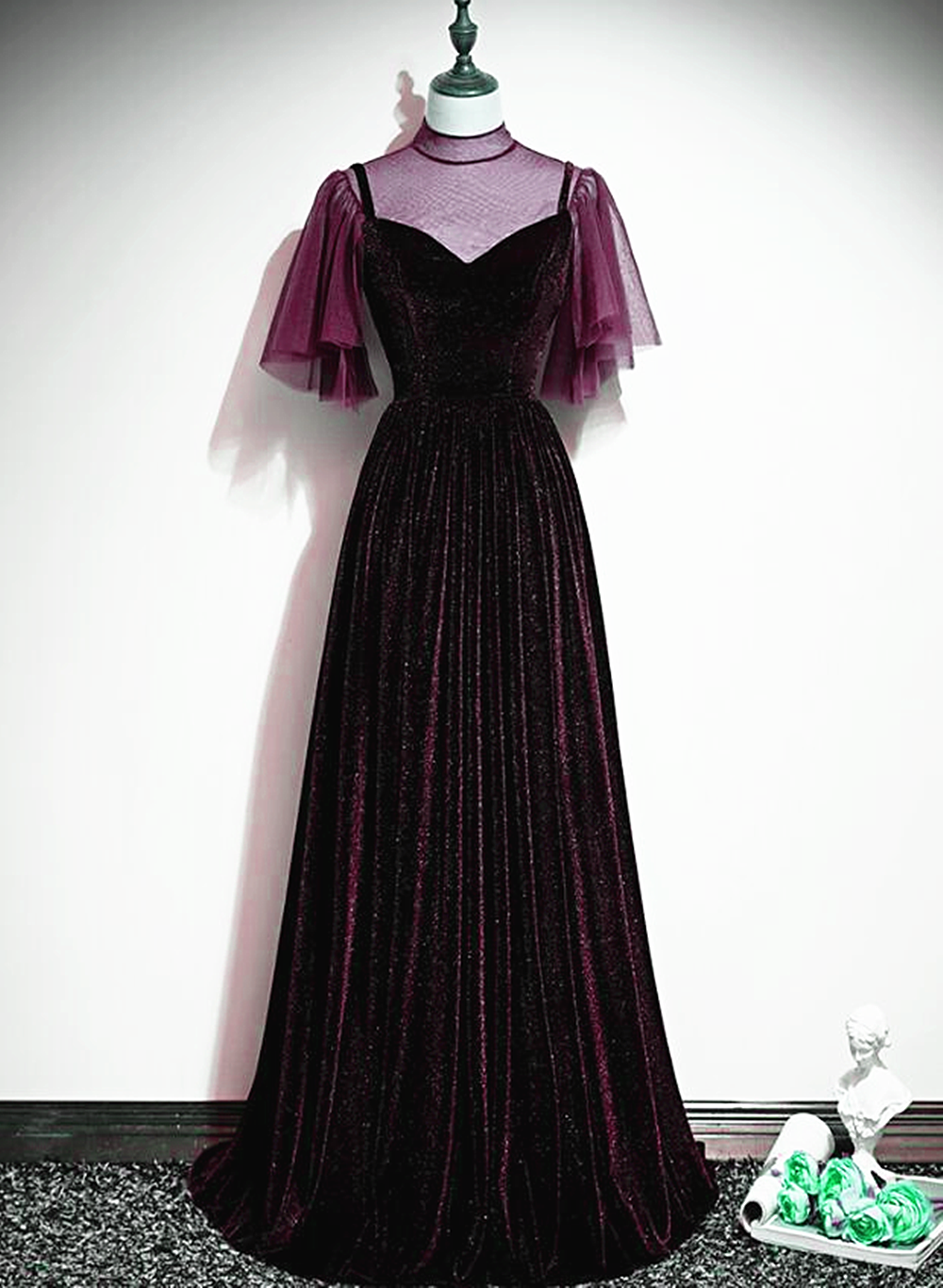 Wine Red Velvet A-line Long High Neckline Party Dress, Wine Red Long B Cutedressy Wine Red Velvet A-line Long High Neckline Party Dress, Wine Red Long B Cutedressy