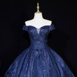 Navy Blue Ball Gown Lace Off Shoulder Quinceanera Dress, Navy Blue Tulle Formal Dress Prom Dress