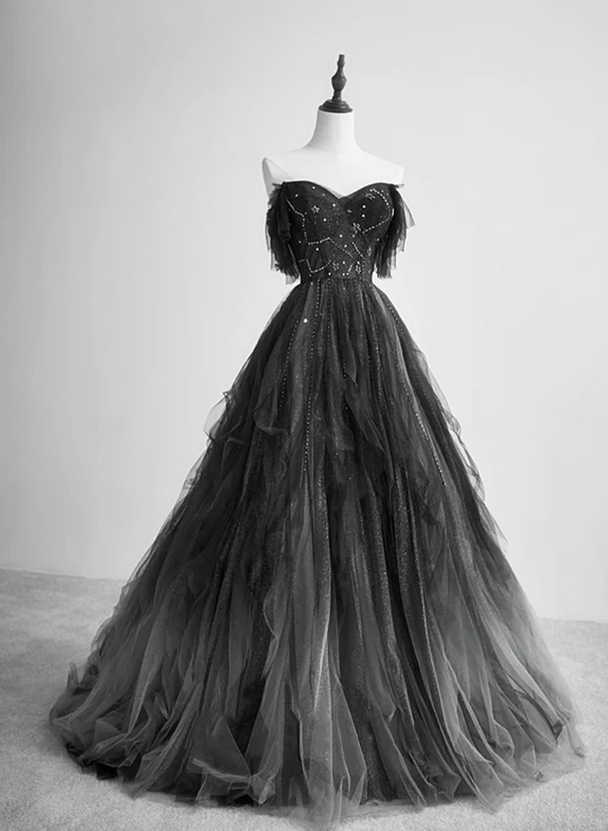 Black Sweetheart Beaded Tulle Off Shoulder Party Dress, Black Long For Cutedressy Black Sweetheart Beaded Tulle Off Shoulder Party Dress, Black Long For Cutedressy