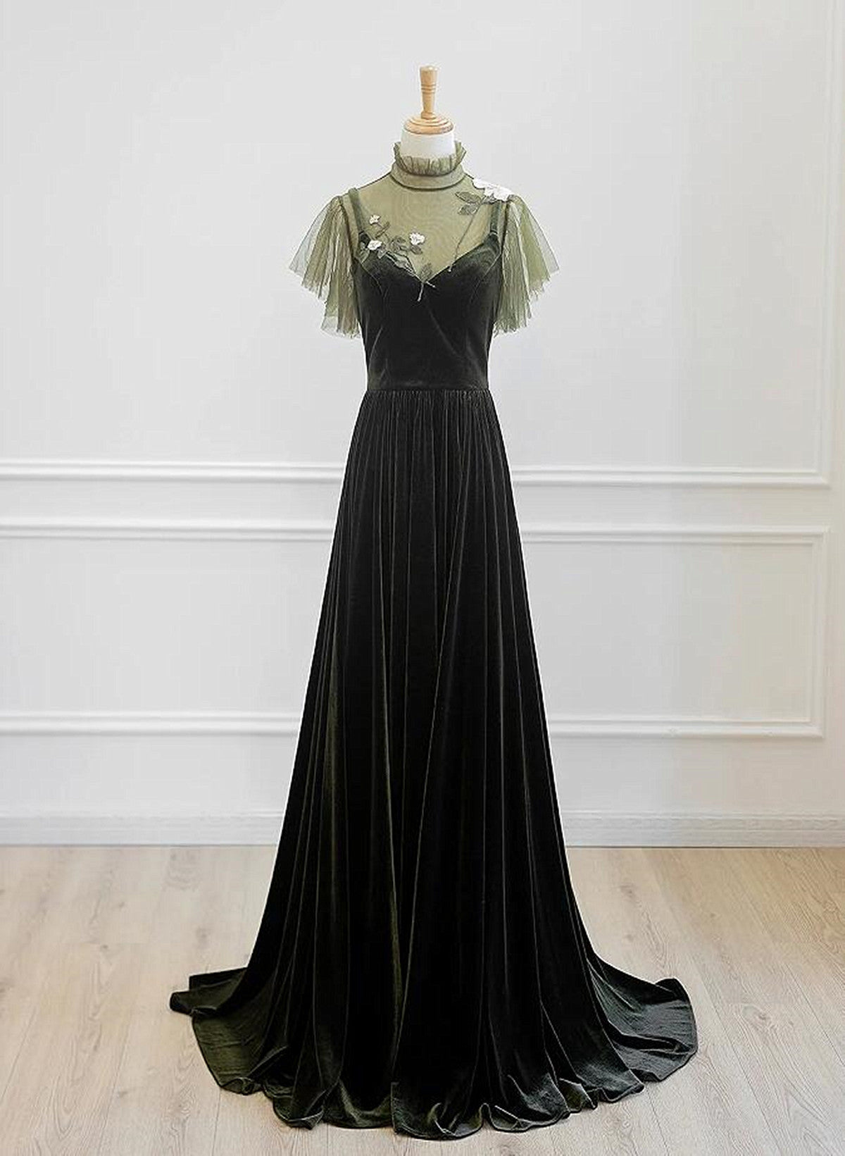 A-line Green Velvet High Neckline Long Party Dress, Green Velvet Prom Cutedressy A-line Green Velvet High Neckline Long Party Dress, Green Velvet Prom Cutedressy