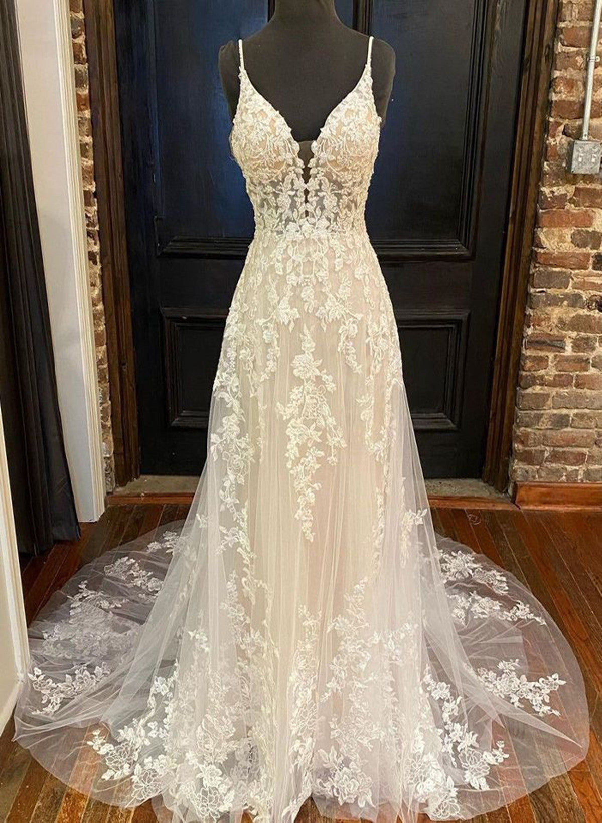 A-line Ivory Lace V-neckline Long Prom Dress, Ivory Party Dress A-line Ivory Lace V-neckline Long Prom Dress, Ivory Party Dress