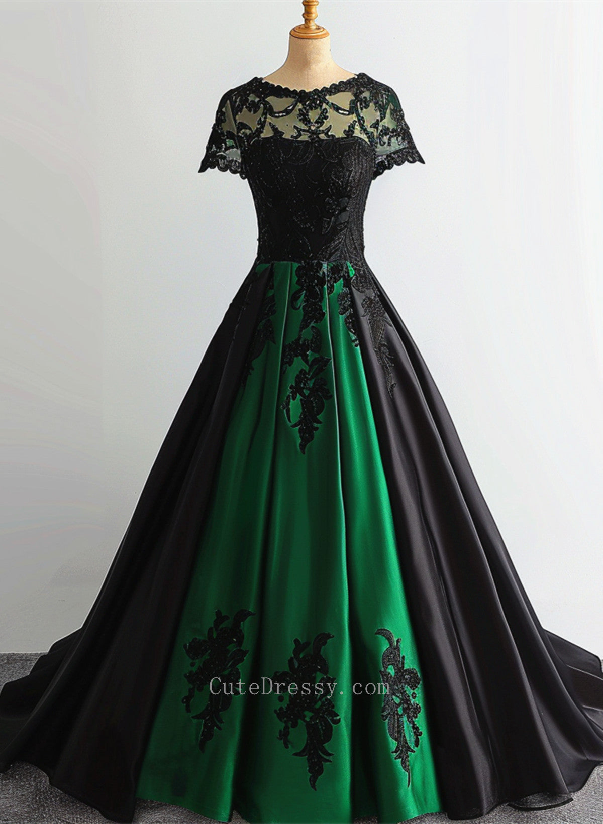 Black and Green Satin Short Sleeves Long Party Dress, Black and Green