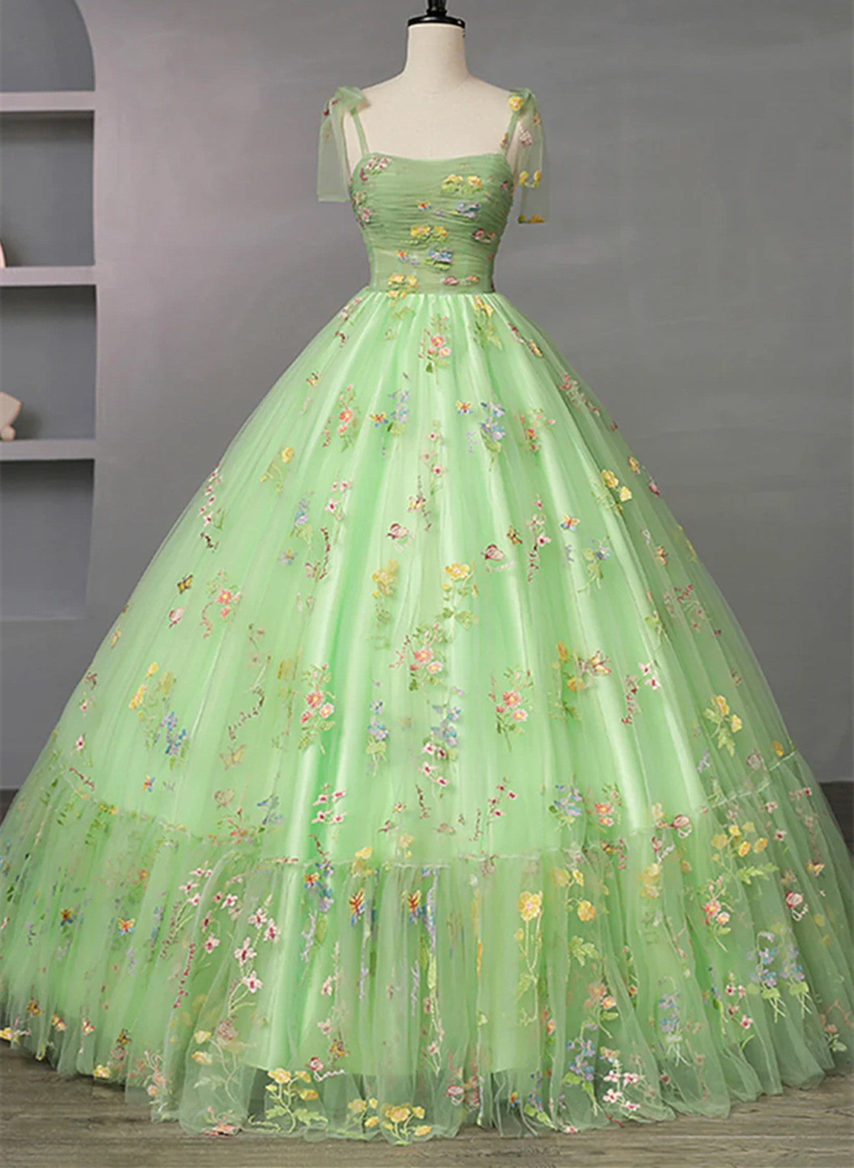 Lovely Light Green Floral Tulle Straps Long Formal Dress, Light Green Cutedressy Lovely Light Green Floral Tulle Straps Long Formal Dress, Light Green Cutedressy