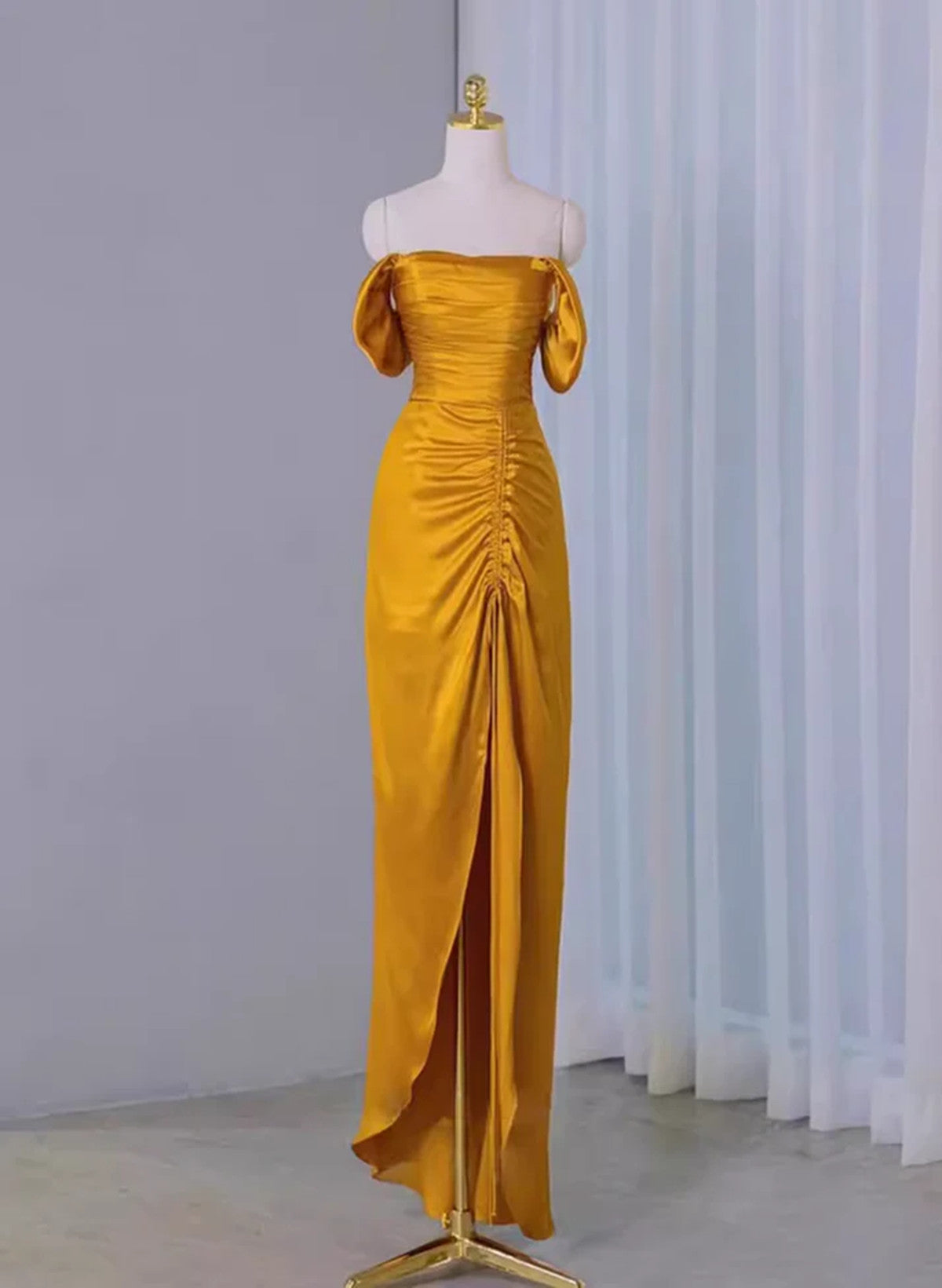 Gold Off Shoulder Satin High Low Evening Gown, Gold Prom Dress Gold Off Shoulder Satin High Low Evening Gown, Gold Prom Dress