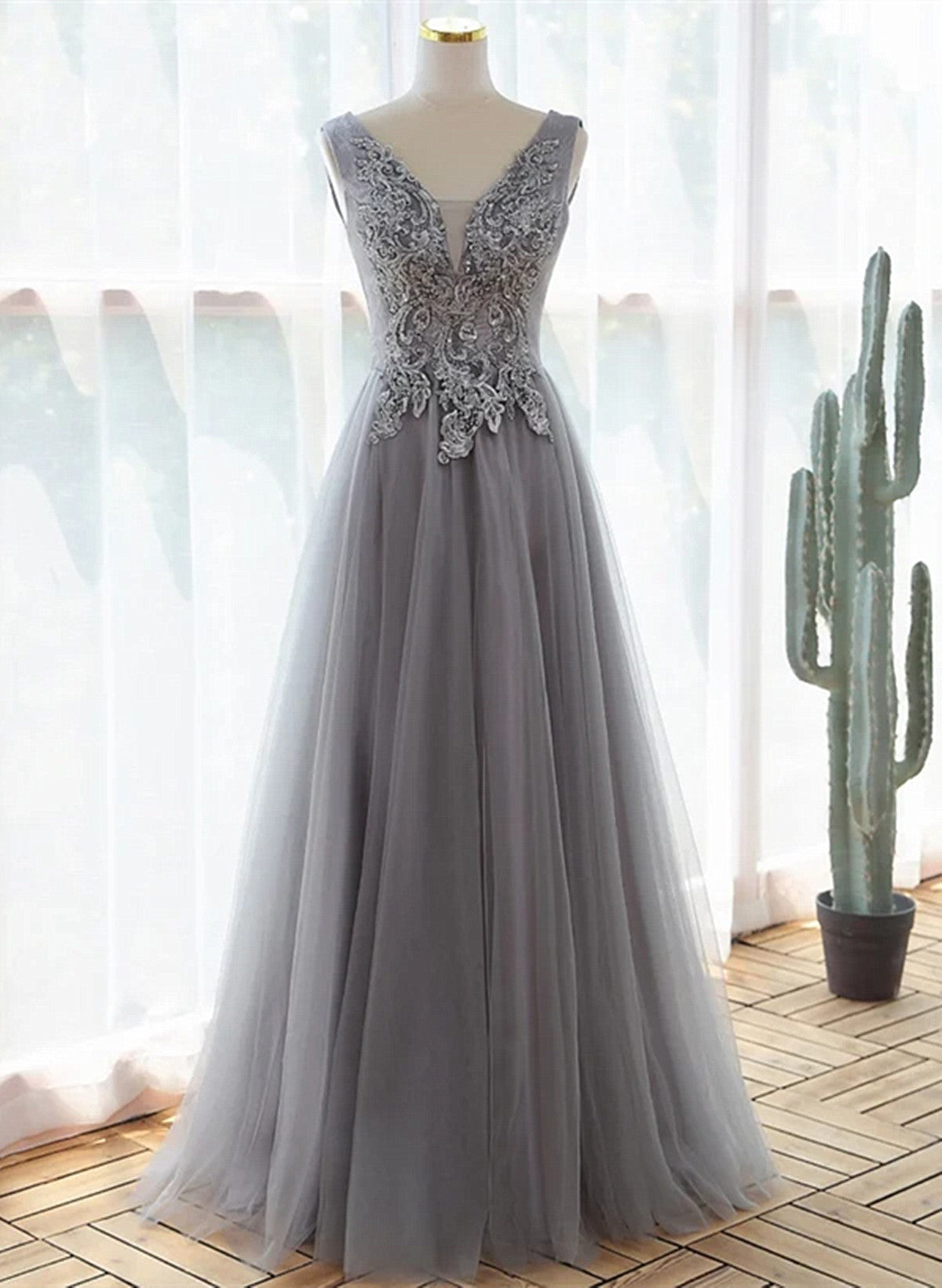 A-line Grey Tulle V-neckline Long Party Dress with Lace, Grey Bridesma Cutedressy A-line Grey Tulle V-neckline Long Party Dress with Lace, Grey Bridesma Cutedressy