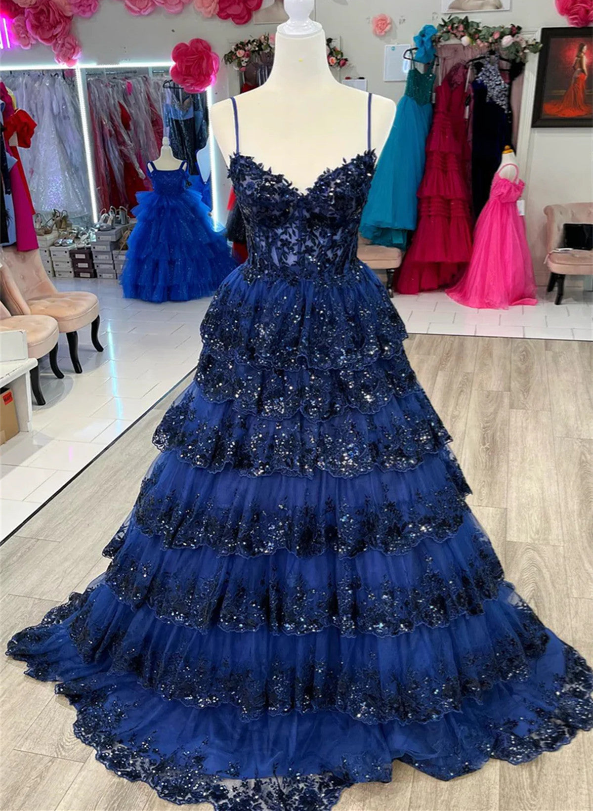 Navy Blue Tulle with Lace Applique Layers Long Prom Dress, Navy Blue P Cutedressy Navy Blue Tulle with Lace Applique Layers Long Prom Dress, Navy Blue P Cutedressy