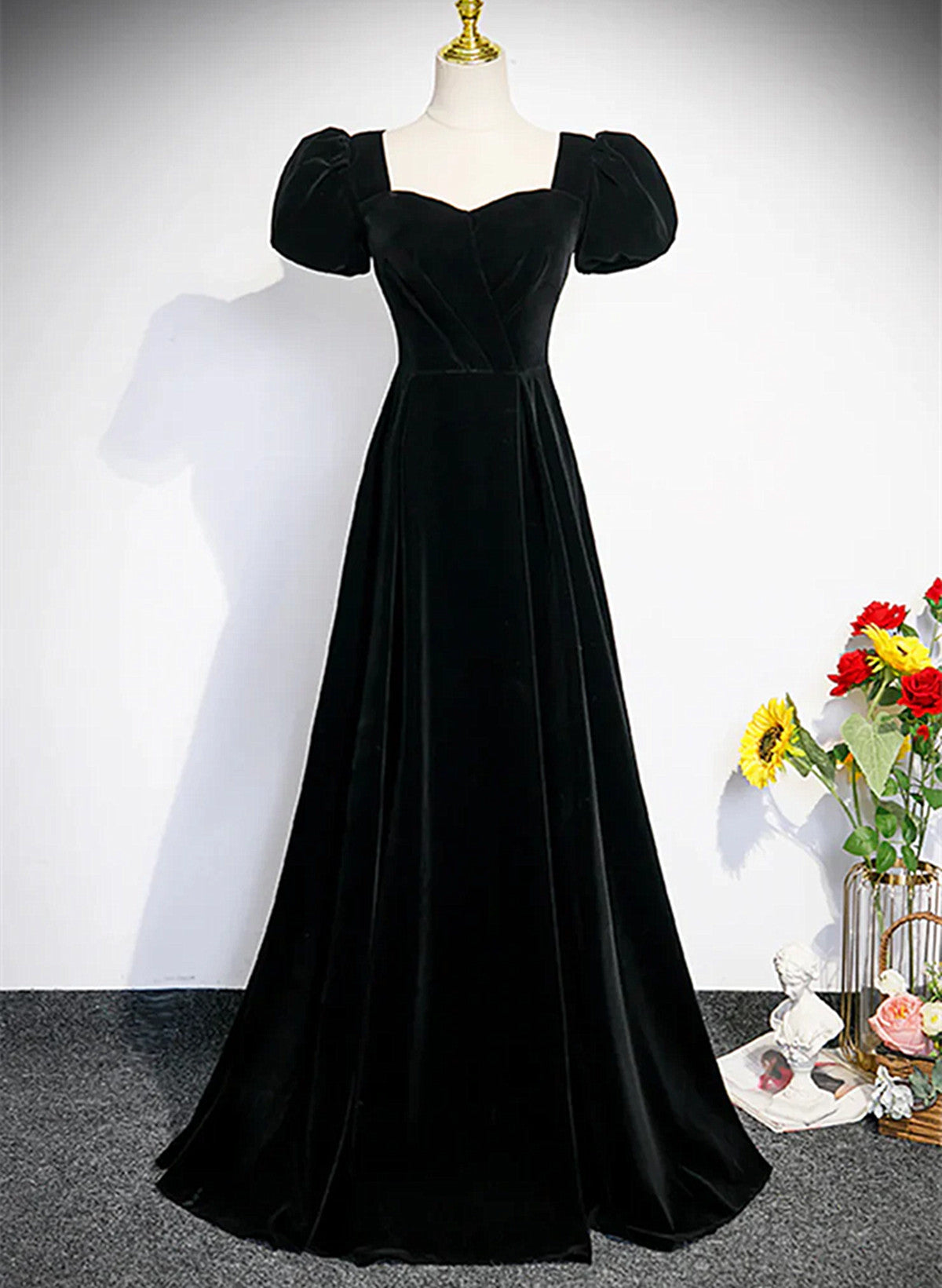 Black Short Sleeves A-line Velvet Prom Dress, Black Evening Dress Form Cutedressy Black Short Sleeves A-line Velvet Prom Dress, Black Evening Dress Form Cutedressy