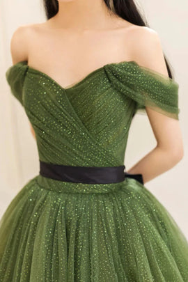 Green Sweetheart Shiny Tulle Off Shoulder Party Dress, Green Long Prom Dress