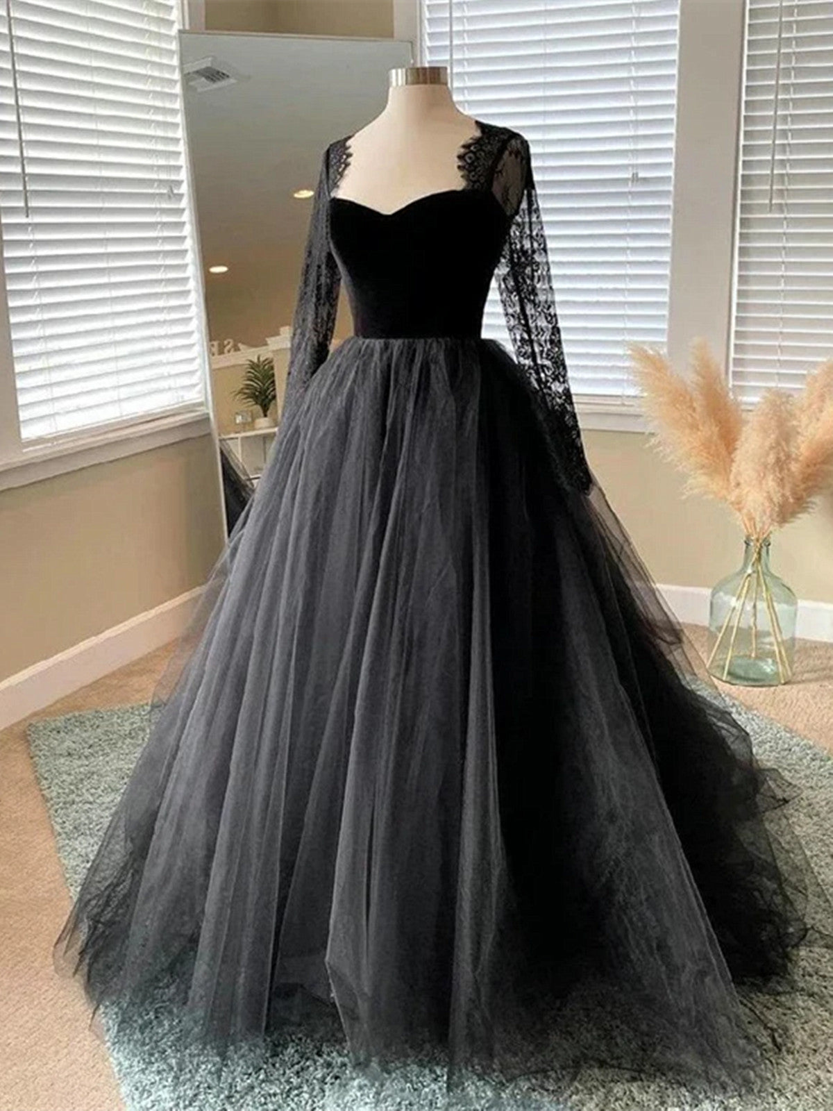 Black A-line Long Lace Sleeves Tulle Formal Dress, Black Prom Dress Party Dress Black A-line Long Lace Sleeves Tulle Formal Dress, Black Prom Dress Party Dress
