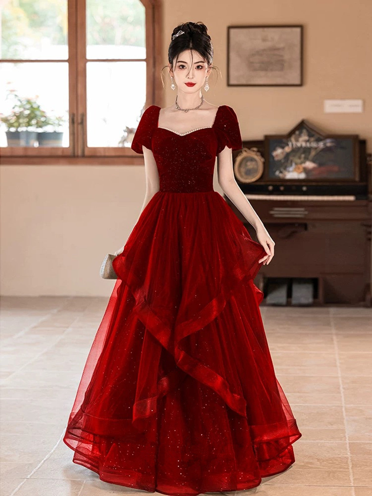Wine Red Short Sleeves Velvet and Tulle Prom Dress, Wine Red A-line Pa