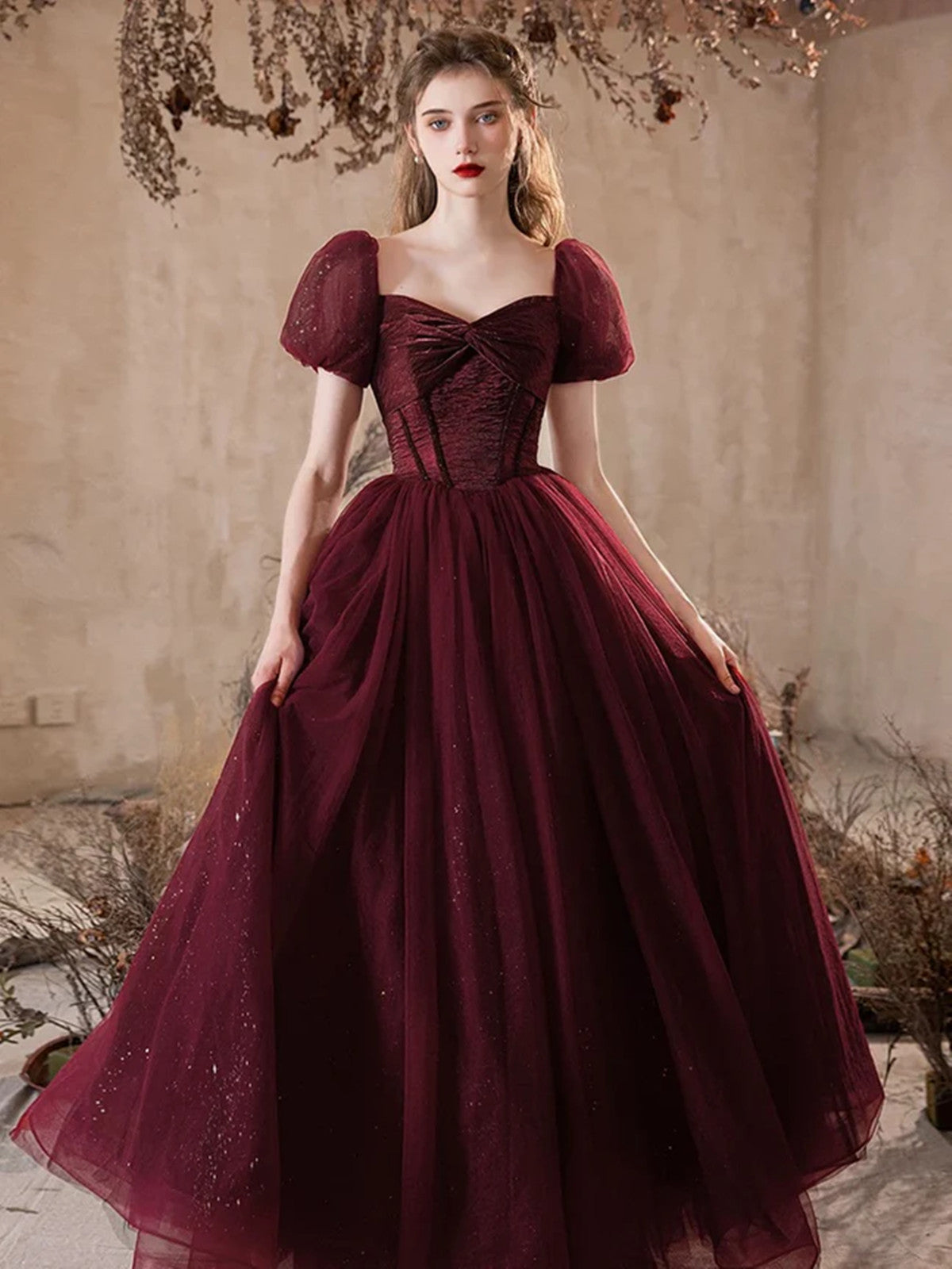 Lovely Wine Red Puffy Short Sleeves Tulle Prom Dress, Wine Red Tulle P Cutedressy Lovely Wine Red Puffy Short Sleeves Tulle Prom Dress, Wine Red Tulle P Cutedressy