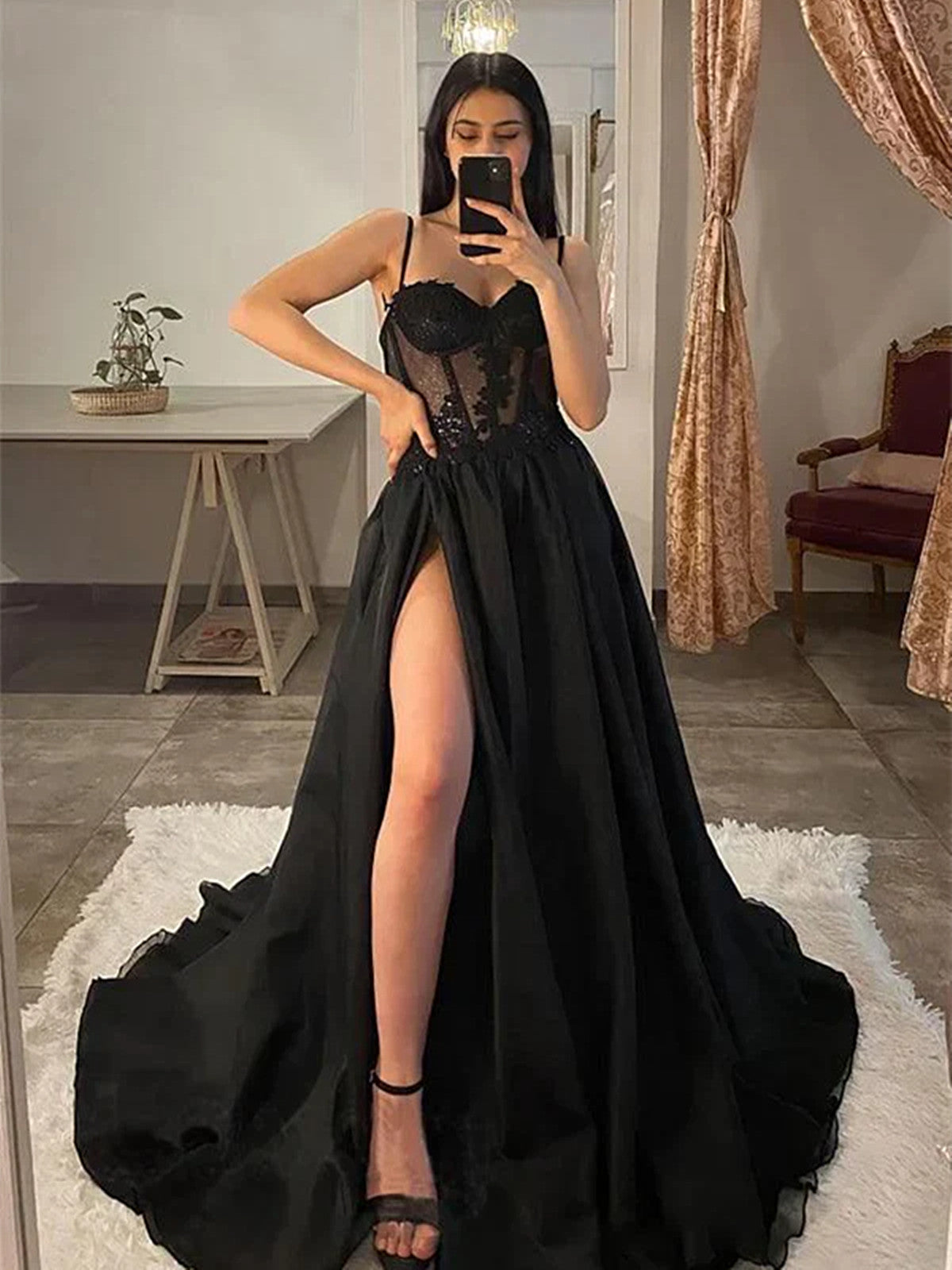 Black Tulle with Lace Straps Long Prom Dress with Leg Slit, Black Tull