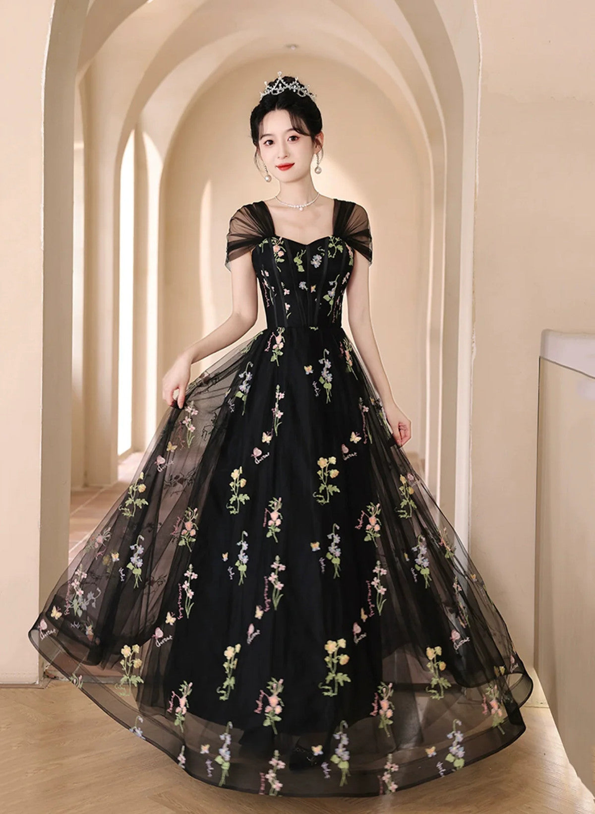 Black Off Shoulder Tulle A-line Sweetheart Long Party Dress, Black Pro Black Off Shoulder Tulle A-line Sweetheart Long Party Dress, Black Pro