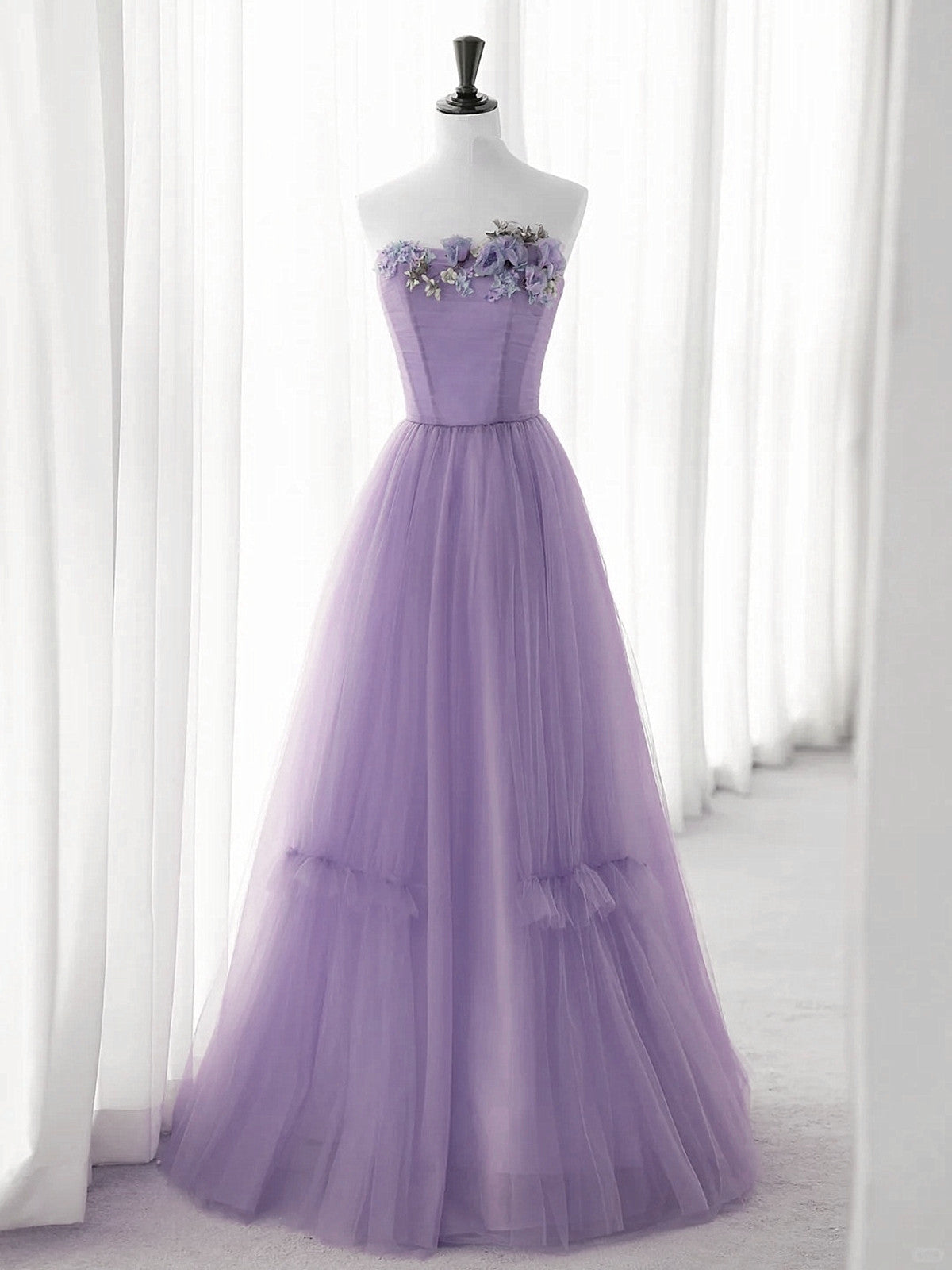 Cute Purple Tulle A-line Long Prom Dress with Flowers, Purple Tulle Pa Cutedressy Cute Purple Tulle A-line Long Prom Dress with Flowers, Purple Tulle Pa Cutedressy
