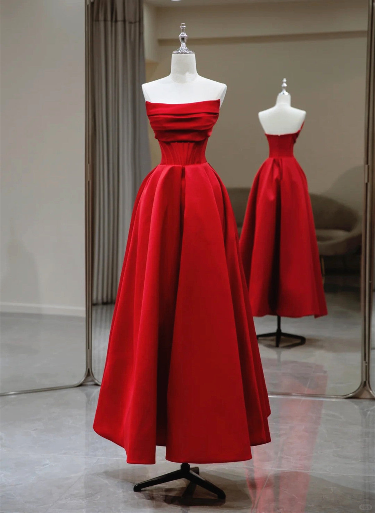 Red Satin A-line Long Evening Dress Prom Dress, Red Satin Wedding Part