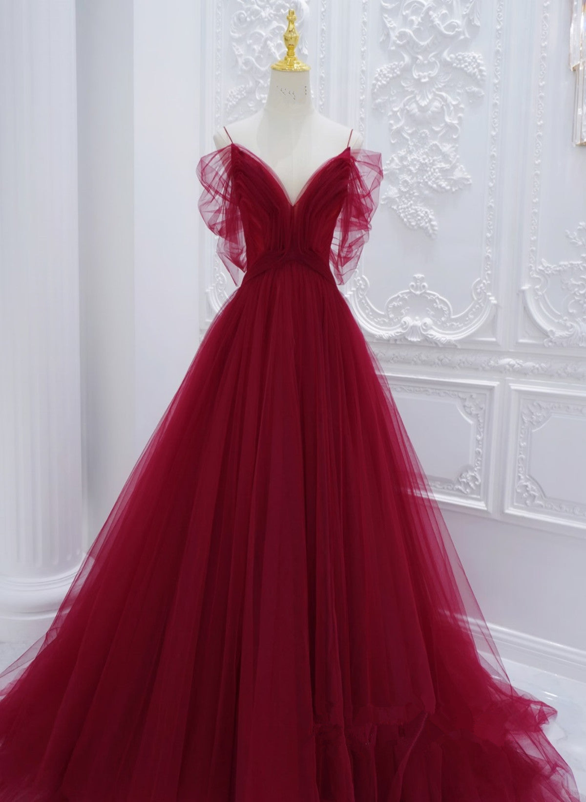 red off the shoulder v neck dress Elegant V-Neck Off-the-Shoulder Mermaid Ruby Prom Dresses Long Slit Online