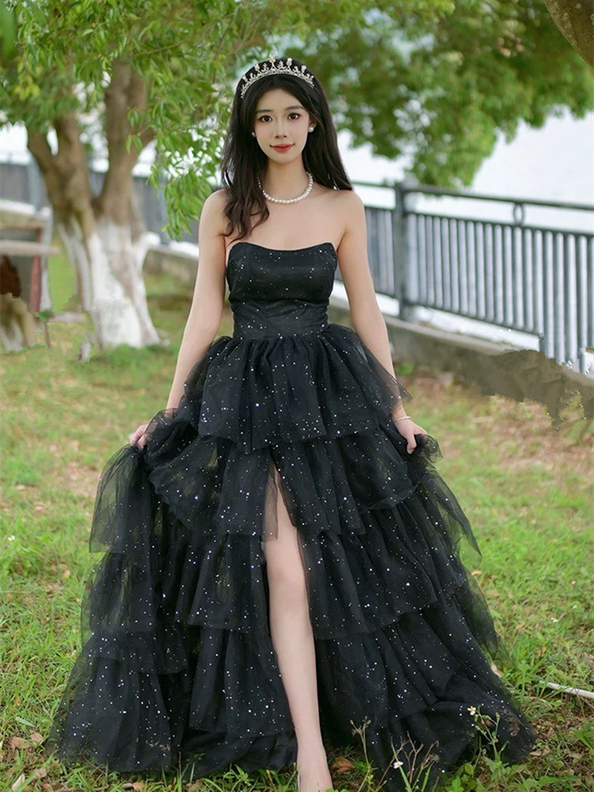 Black Shiny Tulle Layers Long Party Dress with Leg Slit, Black Tulle P Cutedressy Black Shiny Tulle Layers Long Party Dress with Leg Slit, Black Tulle P Cutedressy