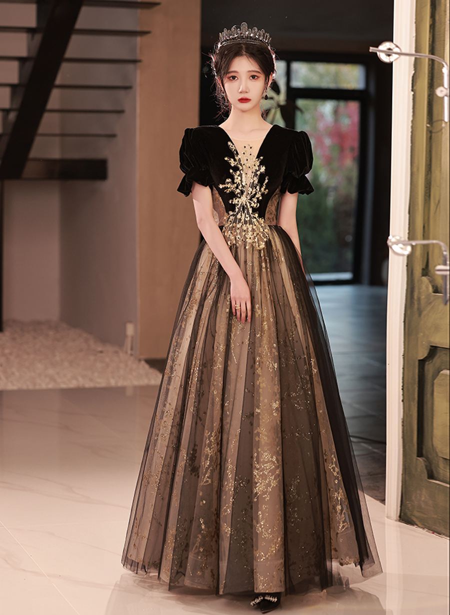 Black Short Sleeves Tulle Long Party Dress with Lace, Black A-line Pro Cutedressy Black Short Sleeves Tulle Long Party Dress with Lace, Black A-line Pro Cutedressy