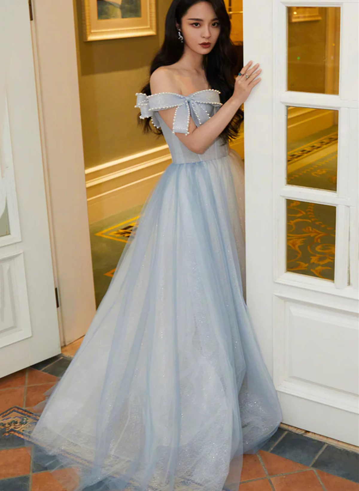 Light Blue Sweetheart Pearls Off Shoulder Long Party Dress, A-line Blu Cutedressy Light Blue Sweetheart Pearls Off Shoulder Long Party Dress, A-line Blu Cutedressy
