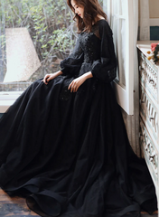 Black Puffy Sleeves Tulle with Lace Long Evening Dress, A-line Back Long Formal Dress Black Puffy Sleeves Tulle with Lace Long Evening Dress, A-line Back Long Formal Dress