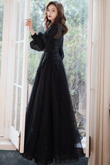 Black Puffy Sleeves Tulle with Lace Long Evening Dress, A-line Back Long Formal Dress Black Puffy Sleeves Tulle with Lace Long Evening Dress, A-line Back Long Formal Dress