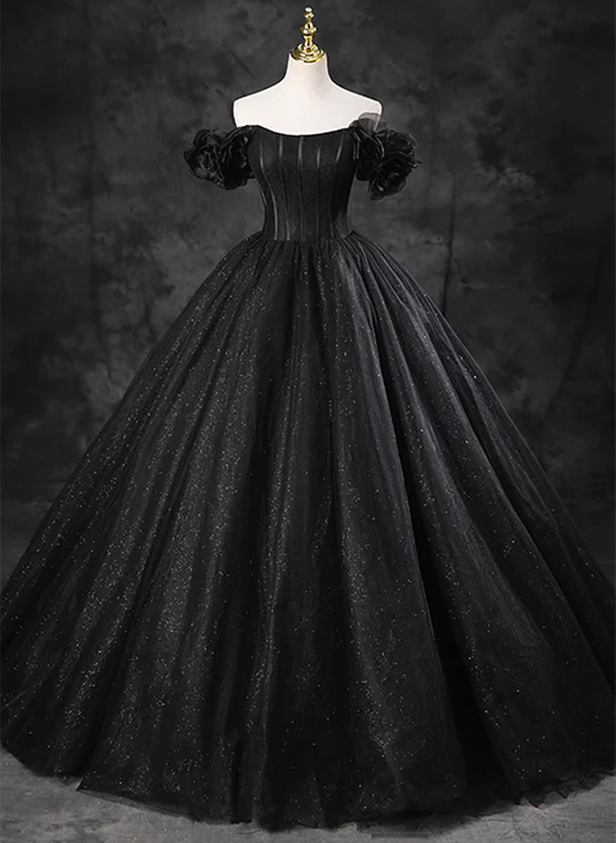 Black Off Shoulder Tulle Lace-up Sweet 16 Dress, Black Long Party Dres Cutedressy Black Off Shoulder Tulle Lace-up Sweet 16 Dress, Black Long Party Dres Cutedressy