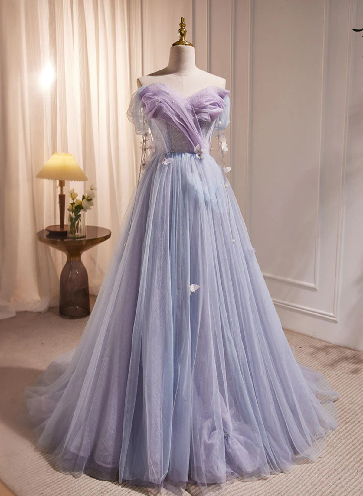 off the shoulder light purple dress Off The Shoulder Light Purple A-Line Beaded Corset Prom Dress