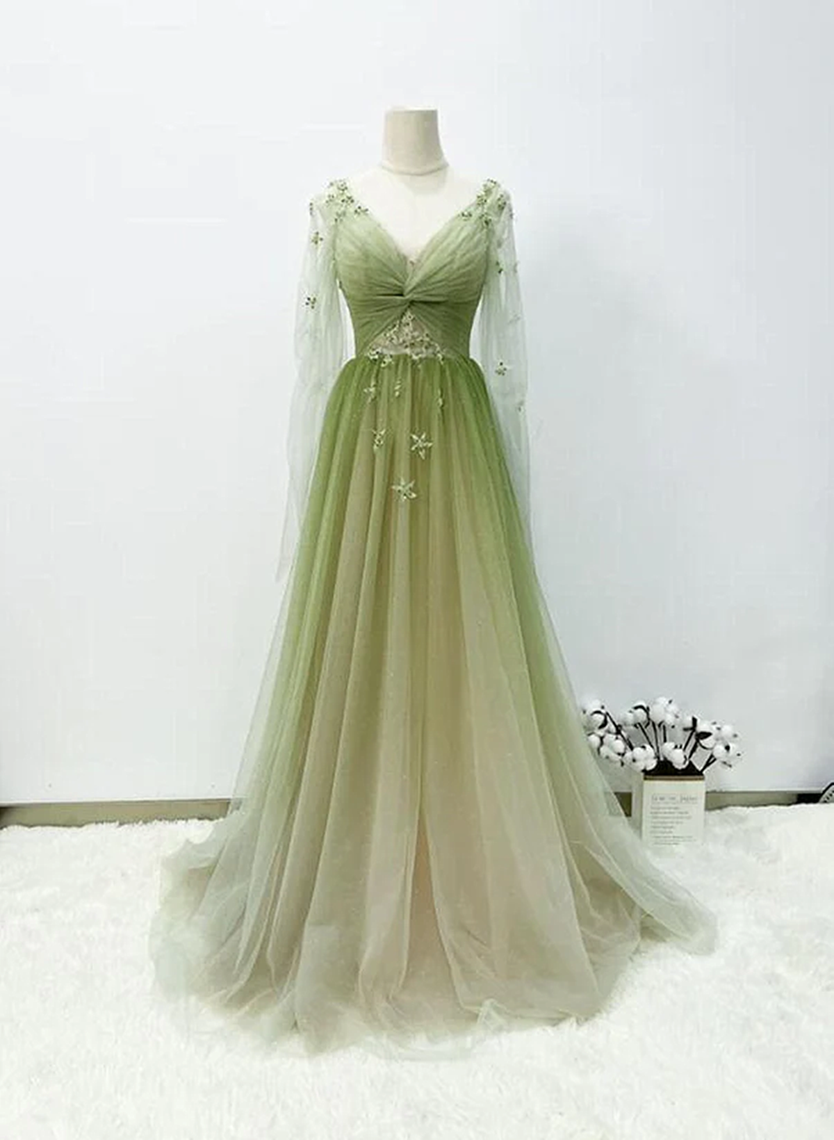 A-line Green Gradient Tulle Long Sleeves Party Dress, V-neckline Green Cutedressy A-line Green Gradient Tulle Long Sleeves Party Dress, V-neckline Green Cutedressy