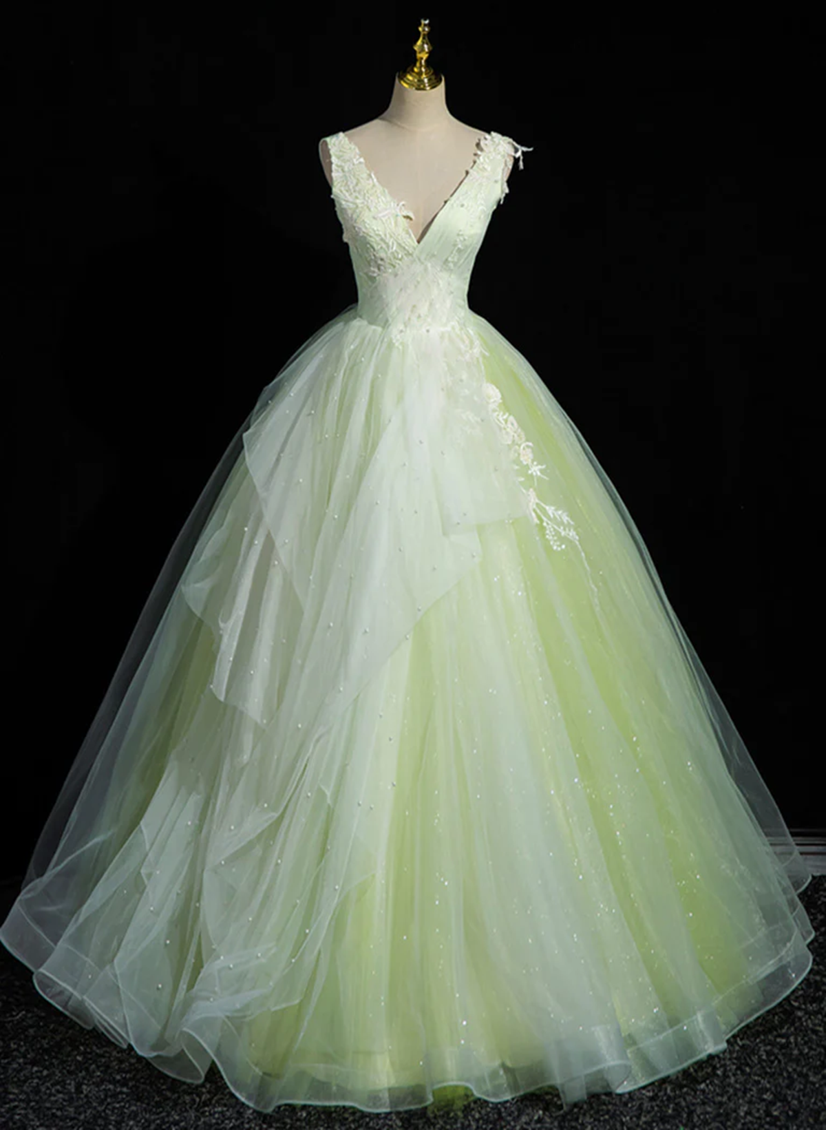 Light Green V-neckline Tulle Sweet 16 Dress, Light Green Long Prom Dre Cutedressy Light Green V-neckline Tulle Sweet 16 Dress, Light Green Long Prom Dre Cutedressy