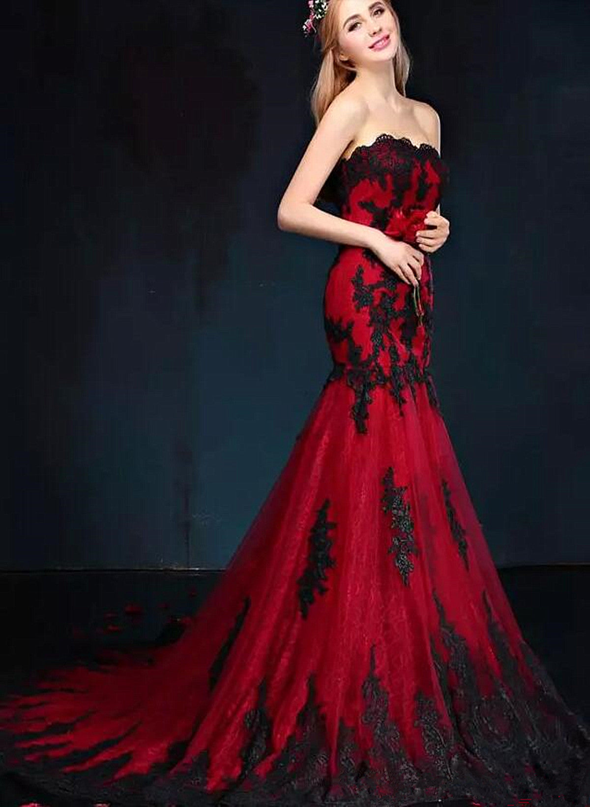 Wine Red Mermaid Sweetheart with Black Lace Party Dress, Wine Red Long Wine Red Mermaid Sweetheart with Black Lace Party Dress, Wine Red Long