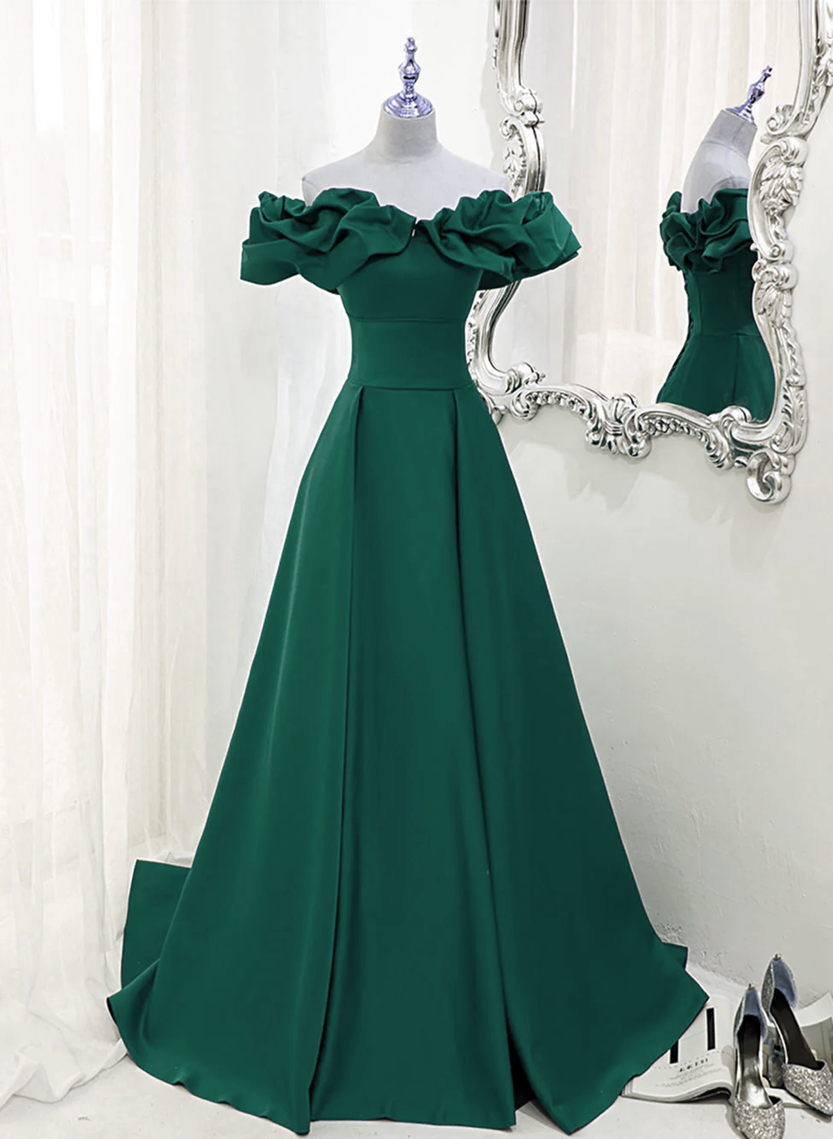 A-line Off Shoulder Floor Length A-line Long Prom Dress, Green Sweethe