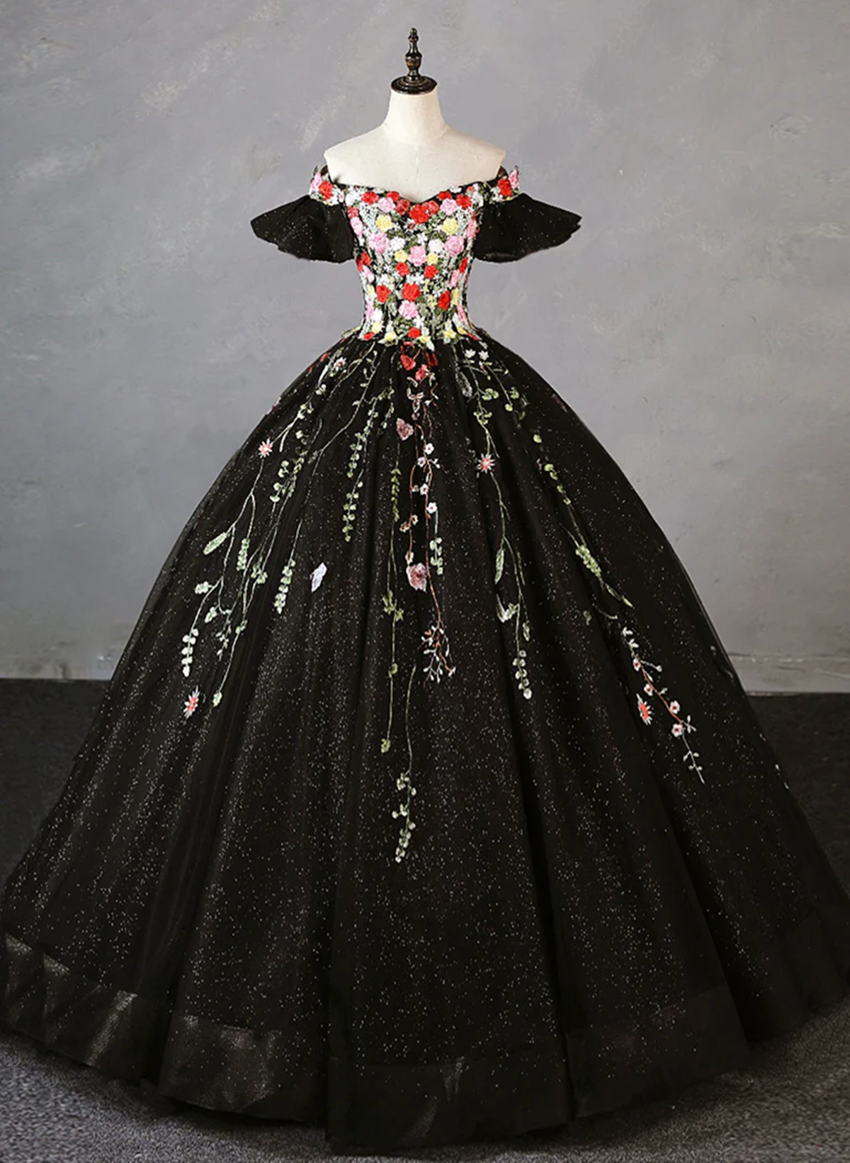 black floral prom dress Black Off Shoulder Tulle Ball Gown Sweet 16 Dress, Black Floral Prom D – Cutedressy