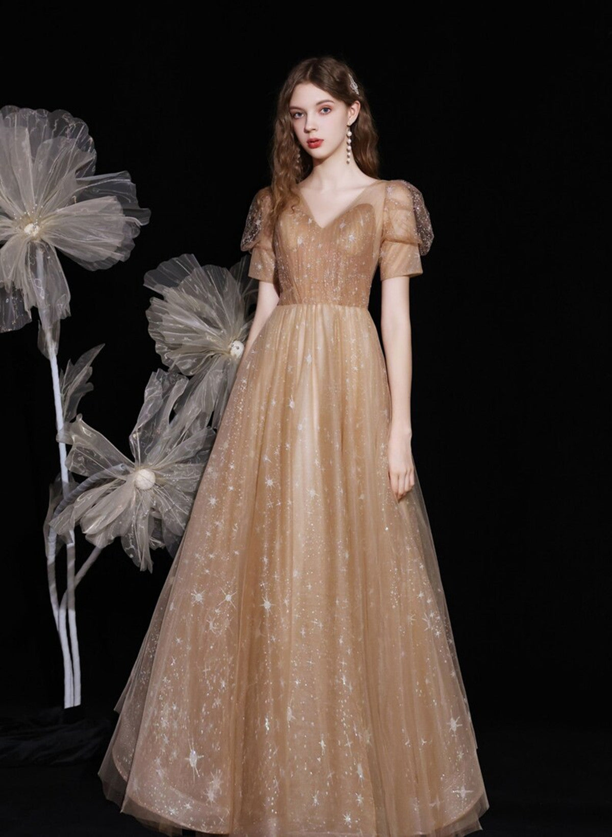 Champagne A-line Tulle Short Sleeves V-neckline Prom Dress, Champagne Cutedressy Champagne A-line Tulle Short Sleeves V-neckline Prom Dress, Champagne Cutedressy