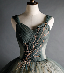 Dusty Green Ball Gown Beaded Tulle Formal Dress, Ball Gown Sweet 16 Dresses Dusty Green Ball Gown Beaded Tulle Formal Dress, Ball Gown Sweet 16 Dresses