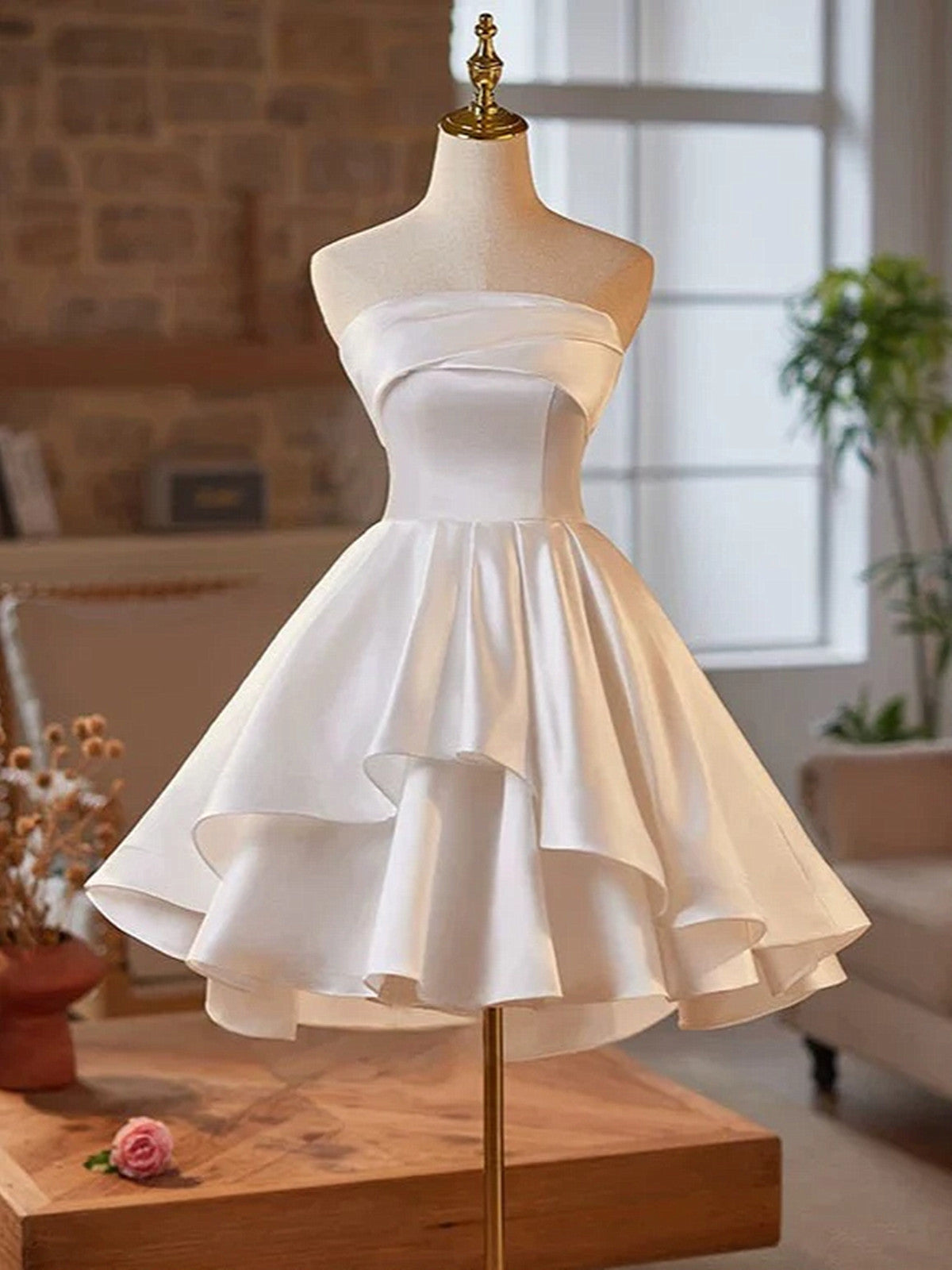 White Satin Scoop Knee Length Homecoming Dress, White Satin Short Part Cutedressy White Satin Scoop Knee Length Homecoming Dress, White Satin Short Part Cutedressy